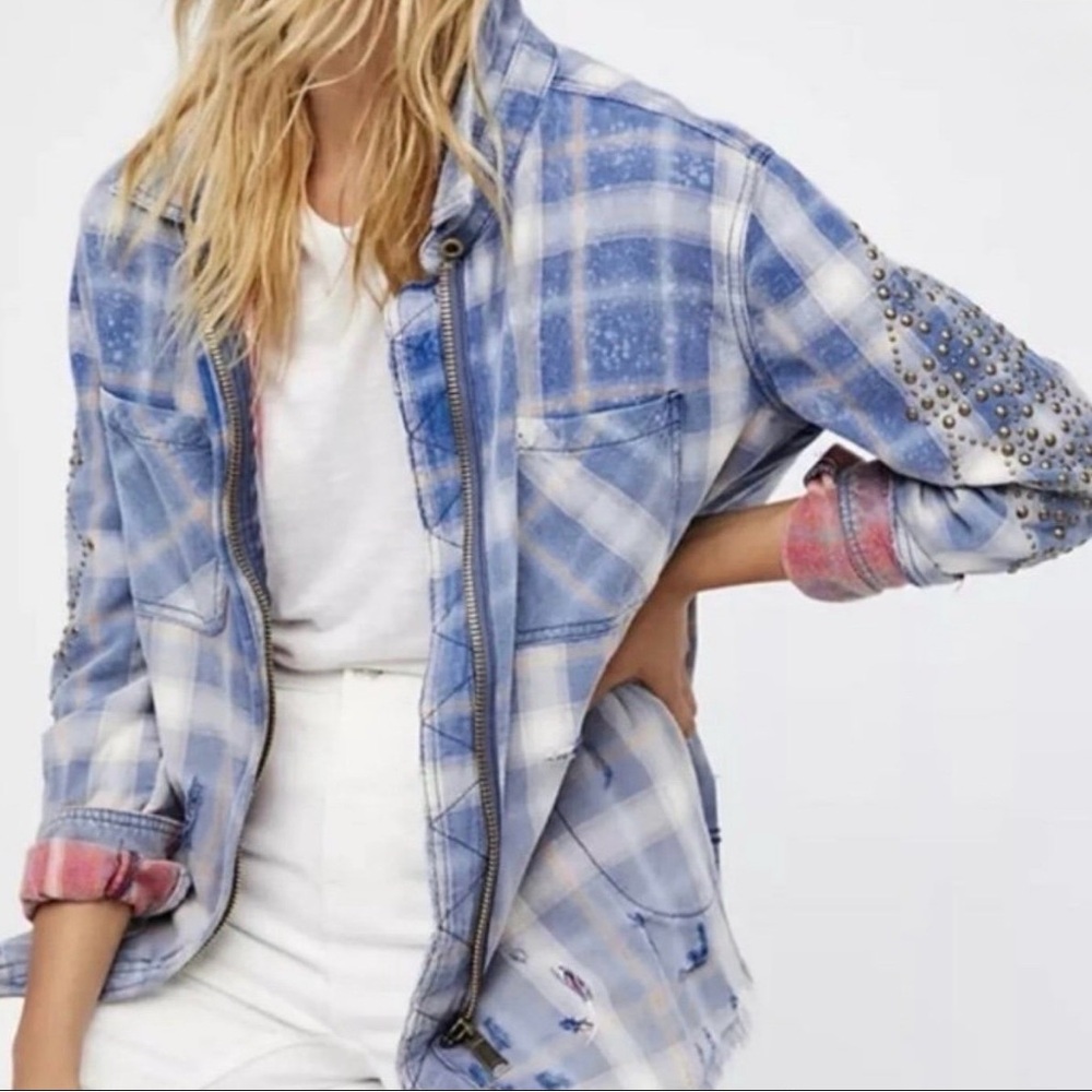 Free People Light Blue Plaid Studded Flannel Jacket NWOT